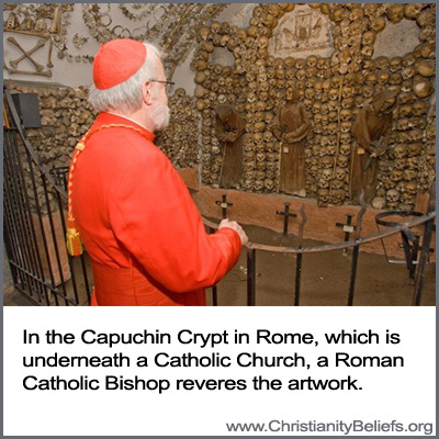 In the Capuchin Crypt in Rome, which is beneath a Catholic Church, a Bishop reveres the satanic artwork