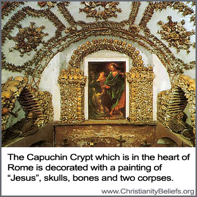 The Capuchin Crypt which is in the heart of Rome is decorated with a painting of Jesus, skulls, bones and two corpses