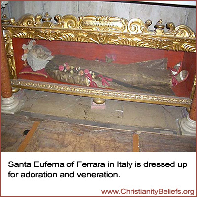The skeleton of Santa Eufema of Ferrara in Italy is dressed up for adoration and veneration