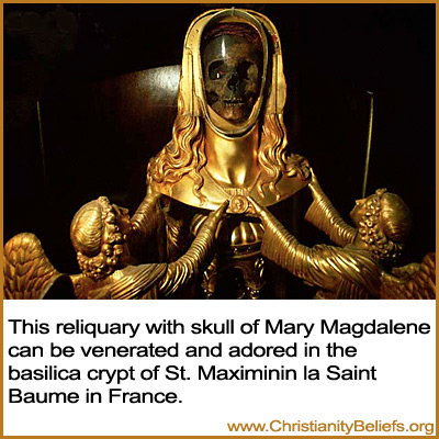 This reliquary with skull of Mary Magdelene can be venerated and adored in the basilica crypt of St. Maximinin la Saint Baume in France