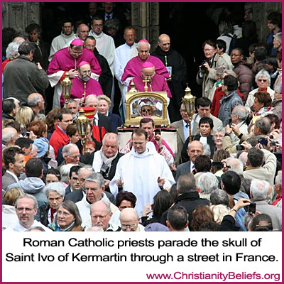 Roman Catholic priests parade the skull of Saint Ivo of Kermartin in France