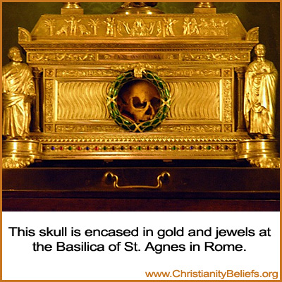 This skull is encased in gold and jewels at the Basilica of St. Agnes in Rome